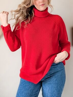 Vintage Red Turtleneck Ribbed Raglan Cotton 90s Turtleneck Sweater